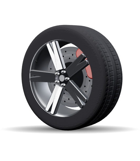 Studio render of a car wheel with a machined alloy rim and red brake caliper